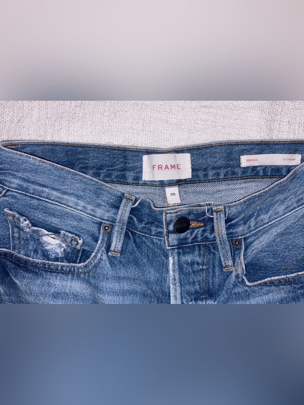 Frame Denim Medium Blue Boyfriend Jeans with Light Whiskering